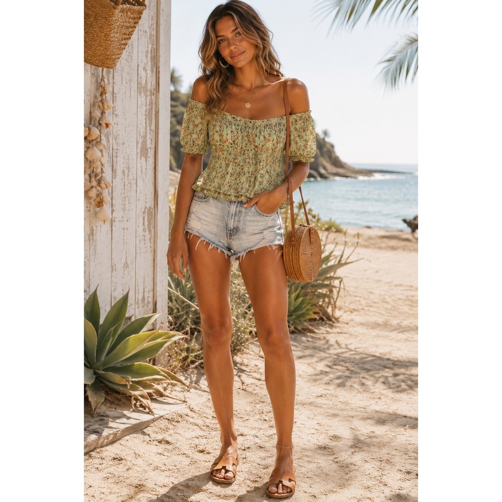 Amuse Society Green Ditsy Floral Square Neck Crinkle Crepe Blouse Top Small